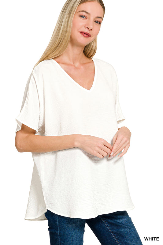 Woven Airflow V-Neck Short Sleeve Top White