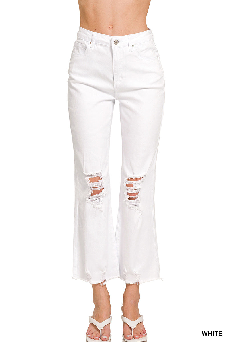 Acid Washed High Waist Distressed Straight Jeans White