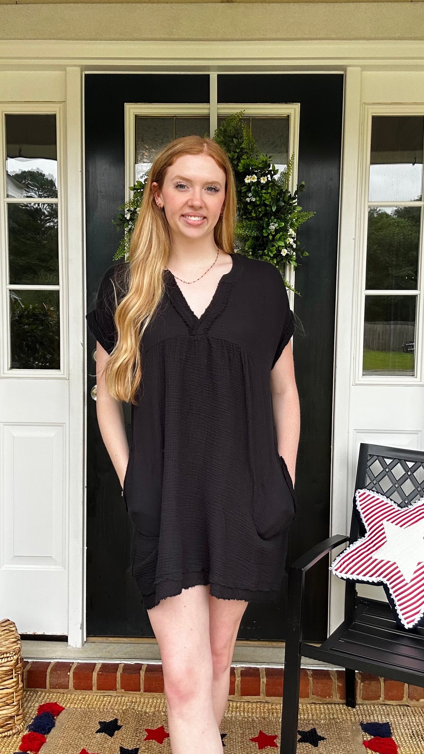DOUBLE GAUZE RAW EDGE V-NECK DRESS - ALSO IN CURVE