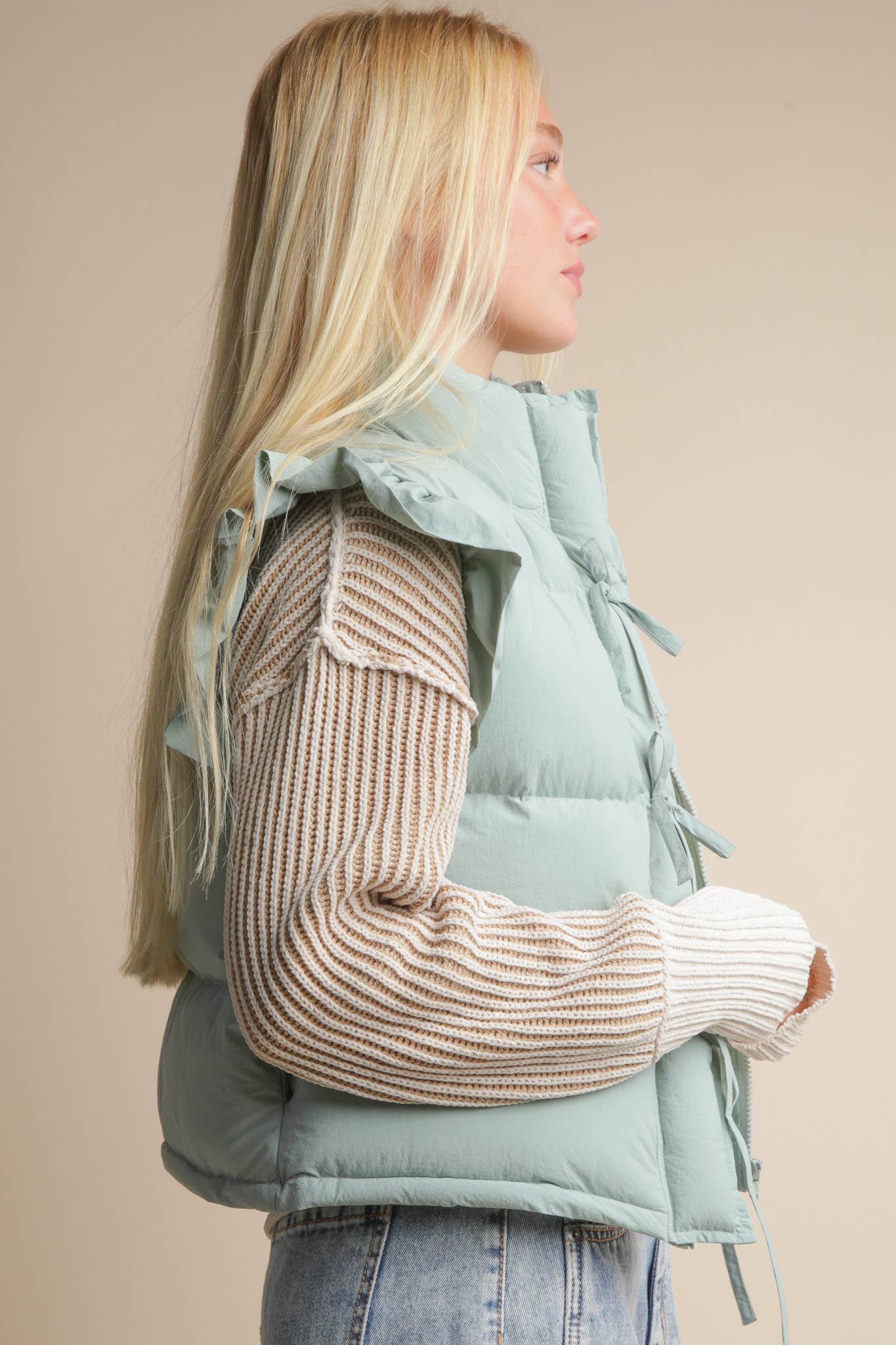 Front Bow Ruffle Sleeve Puffer Vest – Sage