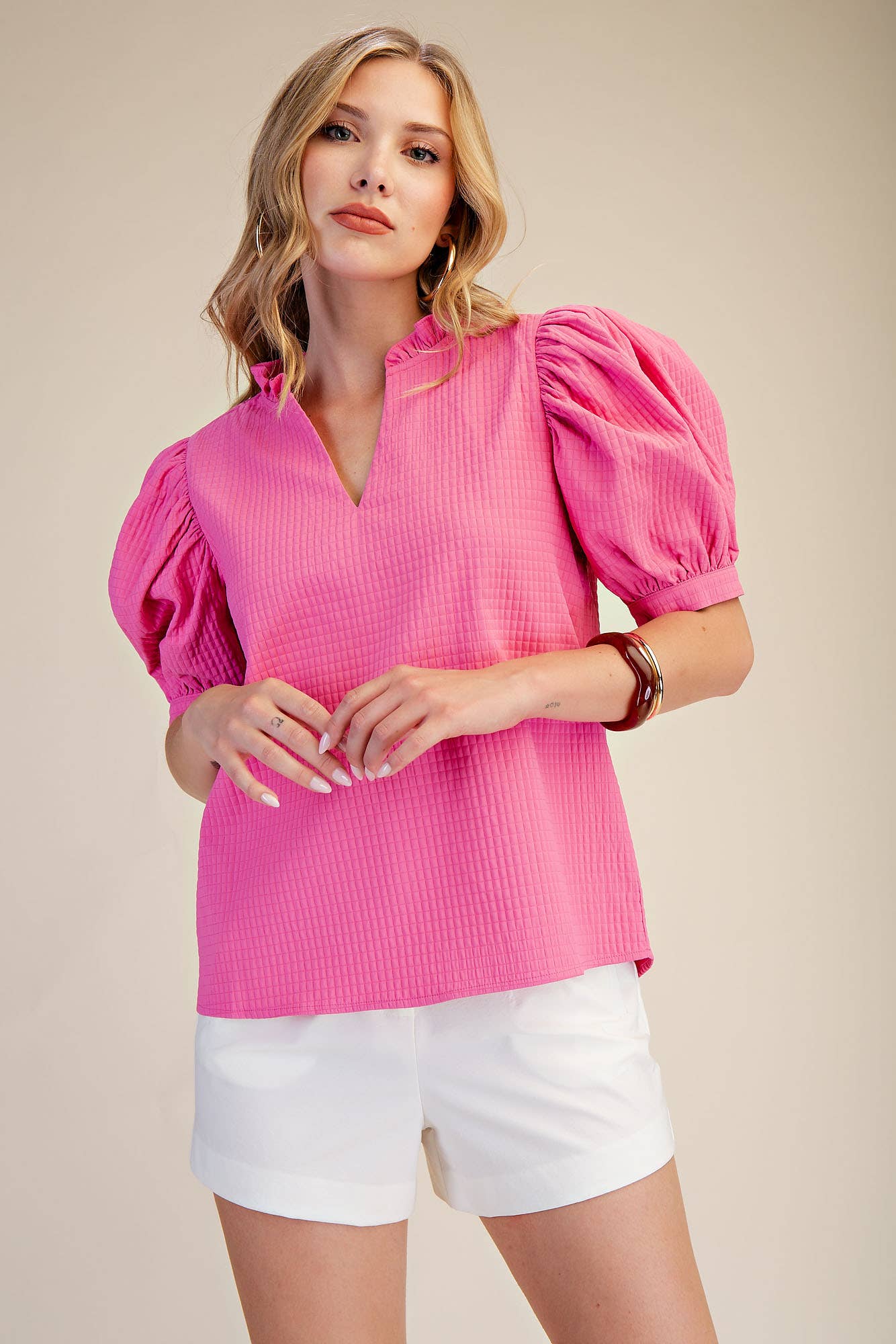 Ruffle V-Neck Puff Sleeve Top