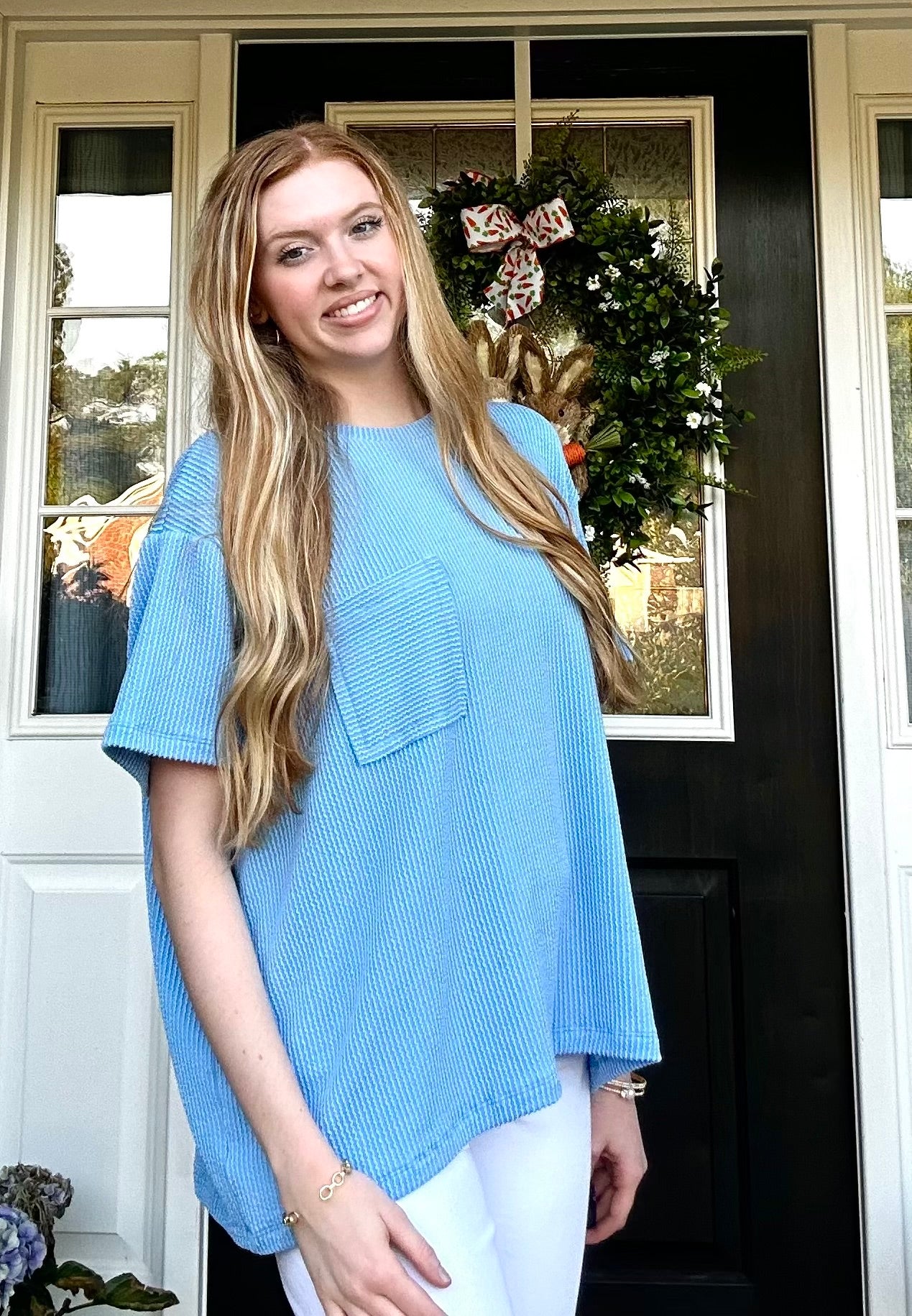 Raised Rib Short Sleeve Front Pocket Top Sky Blue