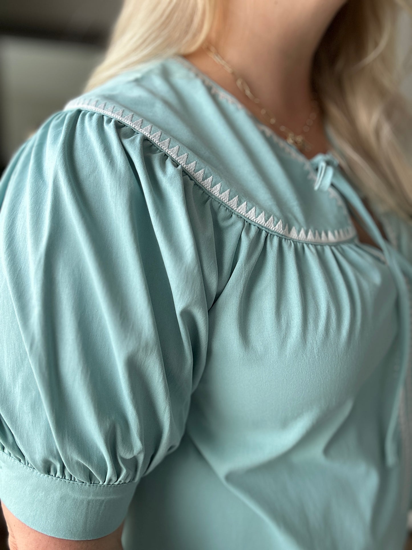 Tie Neck Short Sleeve Top with Embroidered Triangle Details | Mint