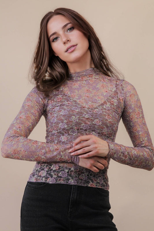 High Neck Fitted Sheer Mesh Lace Knit Top – Mauve Floral