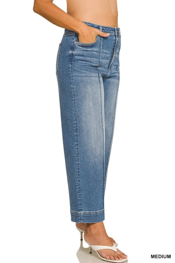 High Rise Pintuck Wide Leg Crop Jeans - Curvy