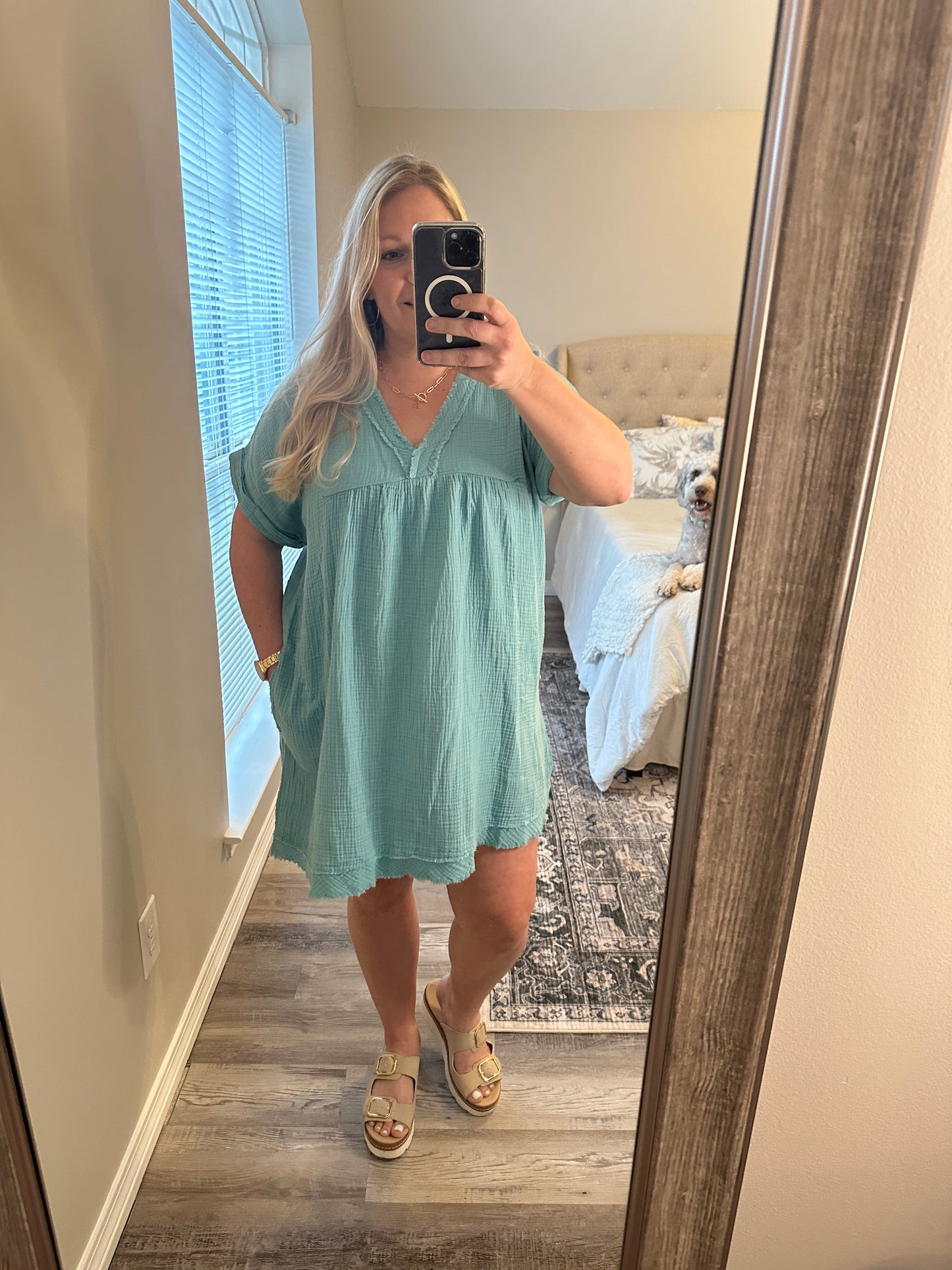 Double Gauze Raw Edge V-Neck Dress Dusty Teal