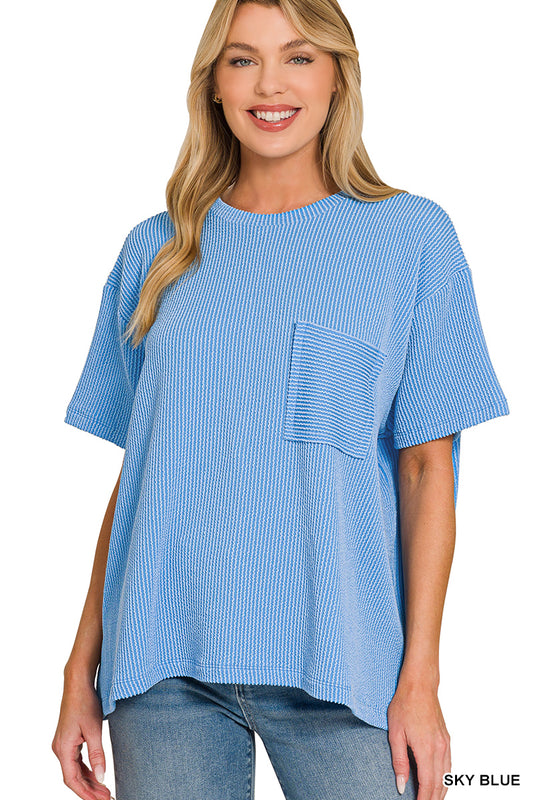 Raised Rib Short Sleeve Front Pocket Top Sky Blue
