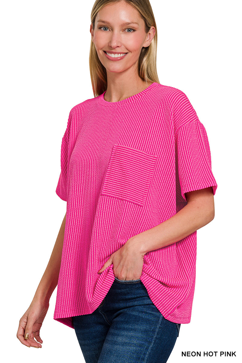 Raised Rib Short Sleeve Front Pocket Top Neon Hot Pink