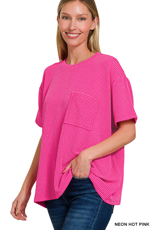 Raised Rib Short Sleeve Front Pocket Top Neon Hot Pink