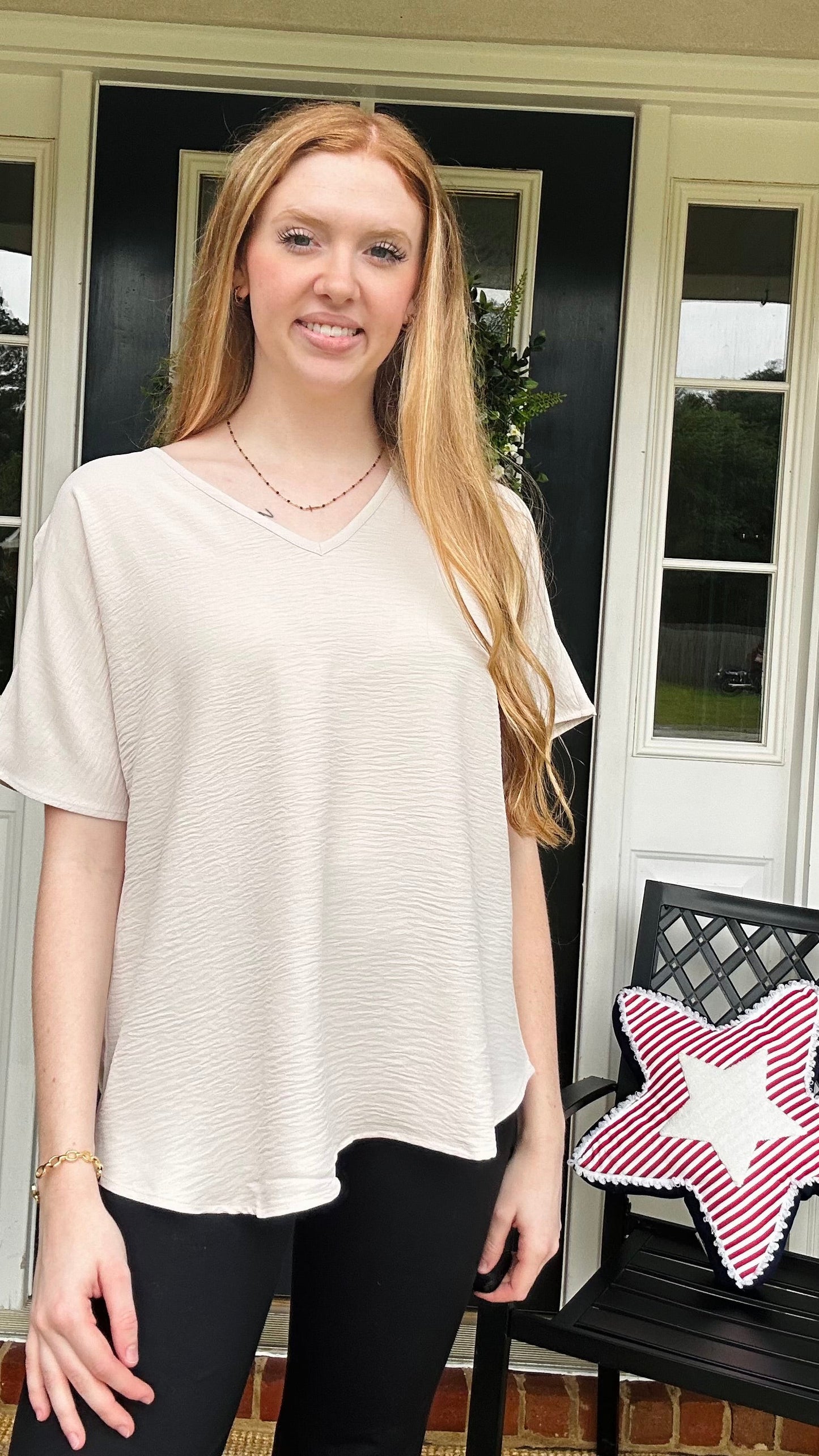 WOVEN AIRFLOW V-NECK SHORT SLEEVE TOP - SAND BEIGE