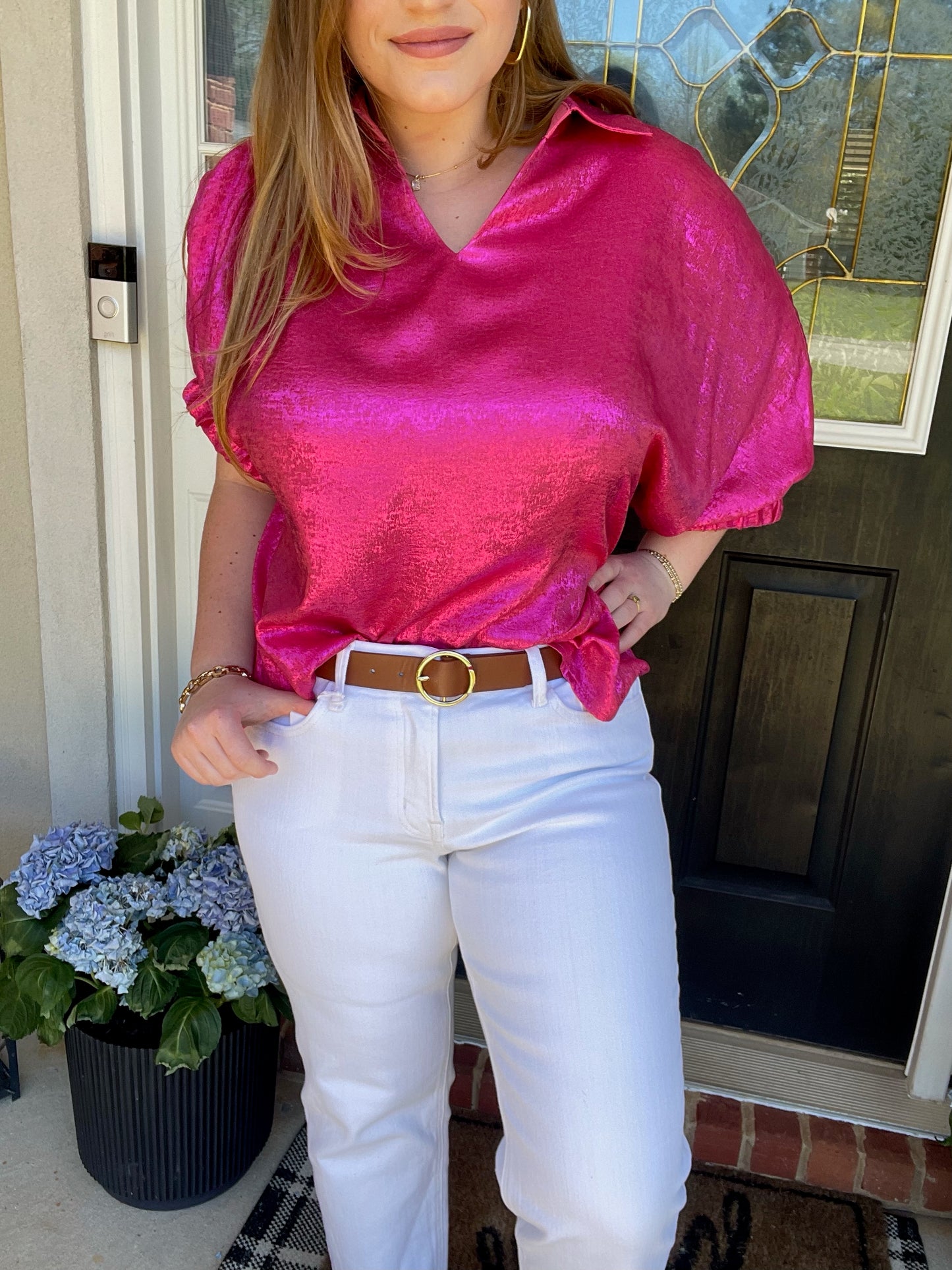 Strawberry Pink Collared V Neck Half Sleeve Metallic TopPink