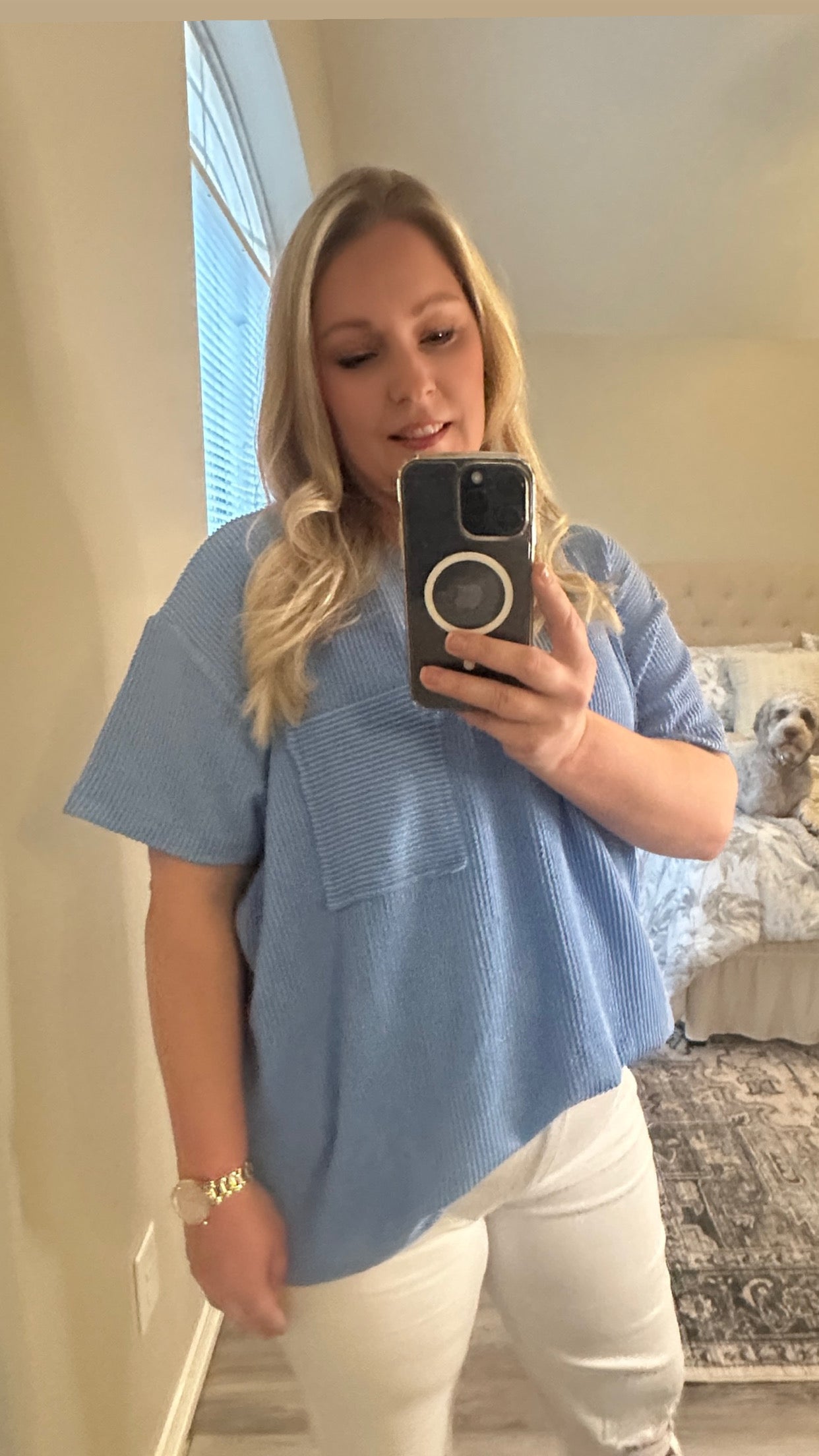 Raised Rib Short Sleeve Front Pocket Top Cornflower Blue