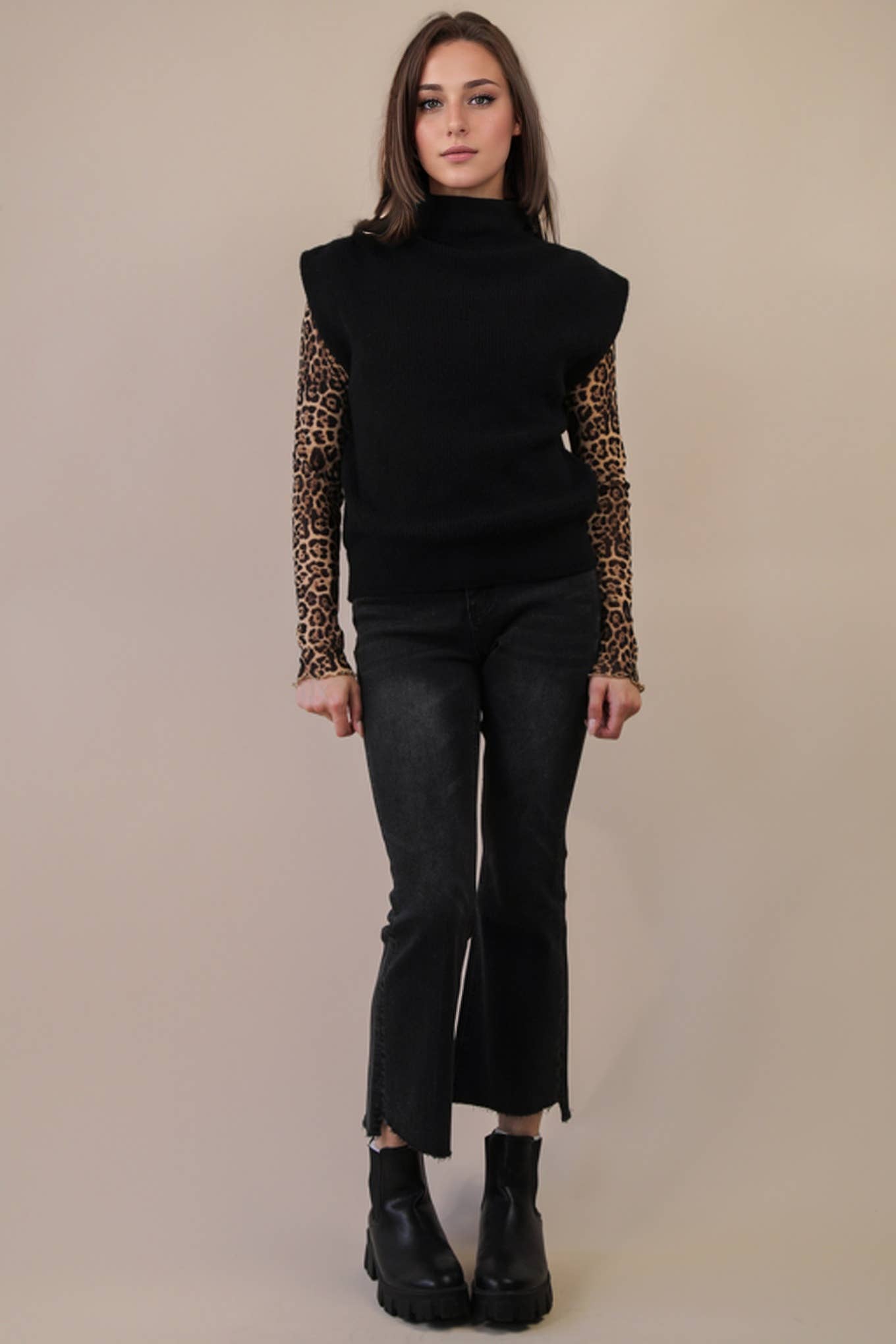 Ribbed Knit Sweater Vest – Mock Neck – Black