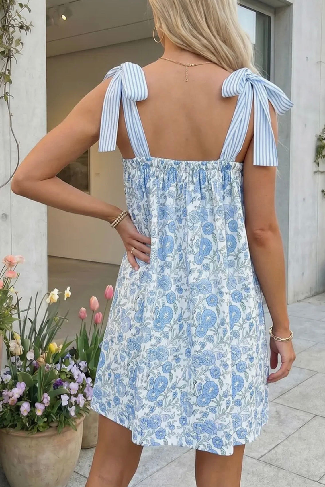 Floral Print Striped Patchwork Bow Knot Straps Dress - WITH POCKETS