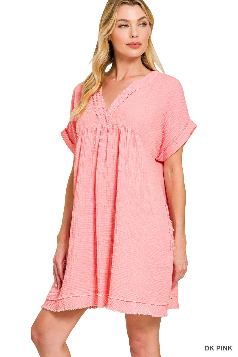 Double Gauze Raw Edge V-Neck Dress Pink