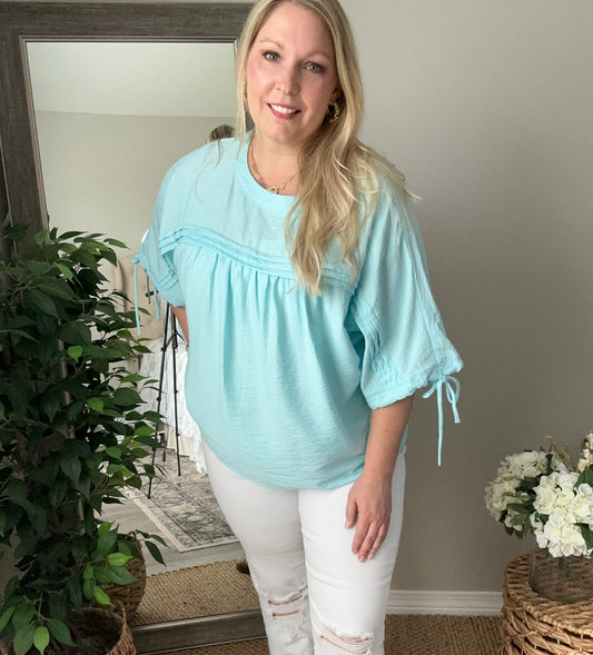 Tie Half Sleeve Pleated Detail Babydoll Blouse