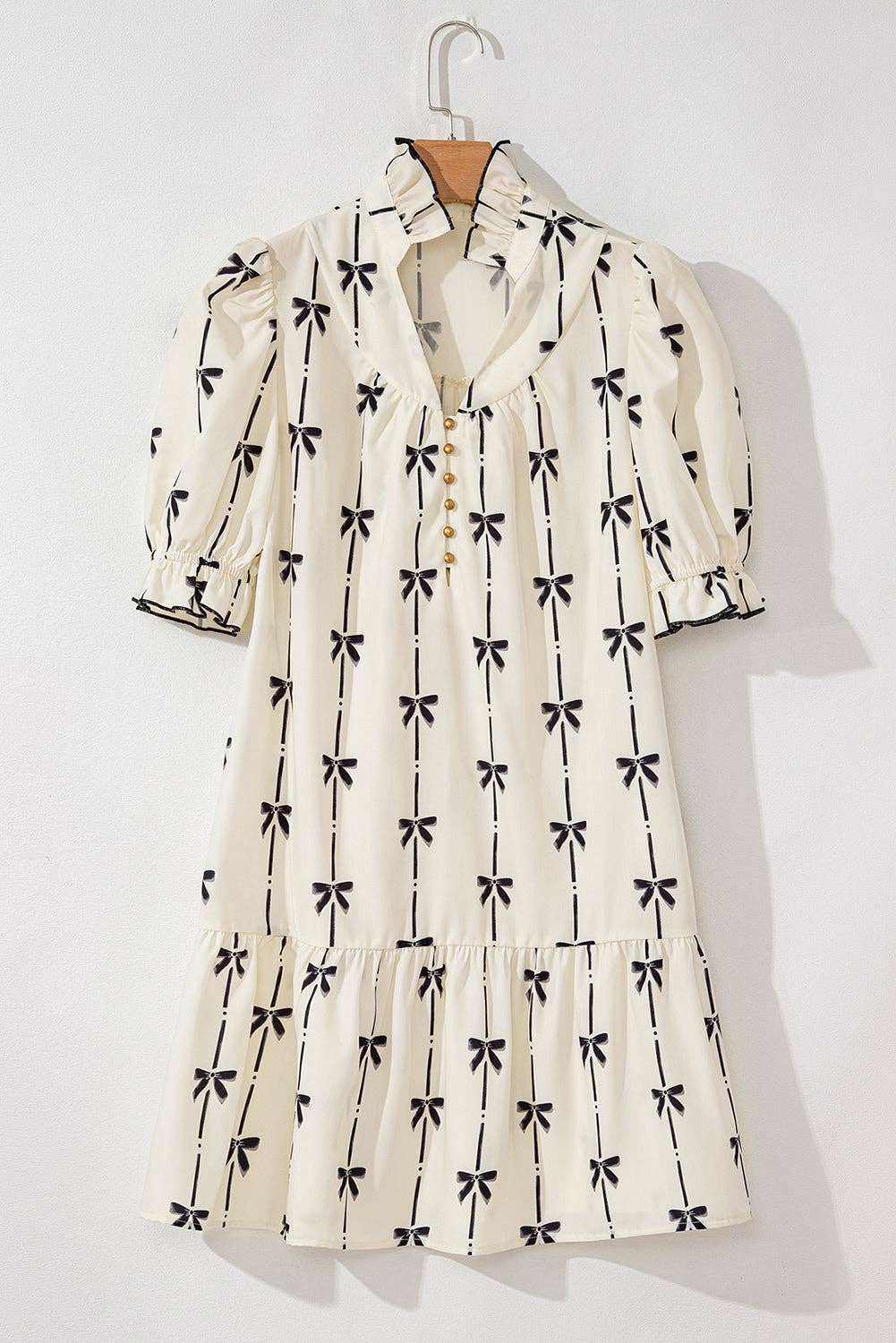 Beige Bowknot Printed Bubble Sleeve V-Neck Dress