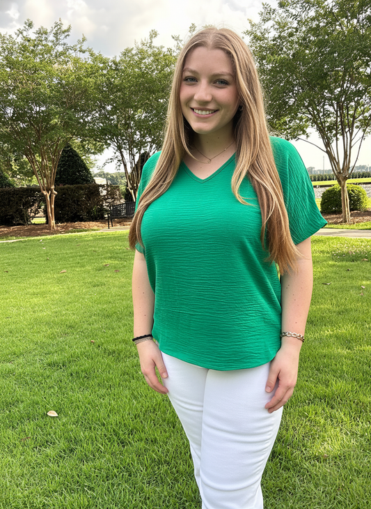 Woven Airflow V-Neck Short Sleeve Top Green