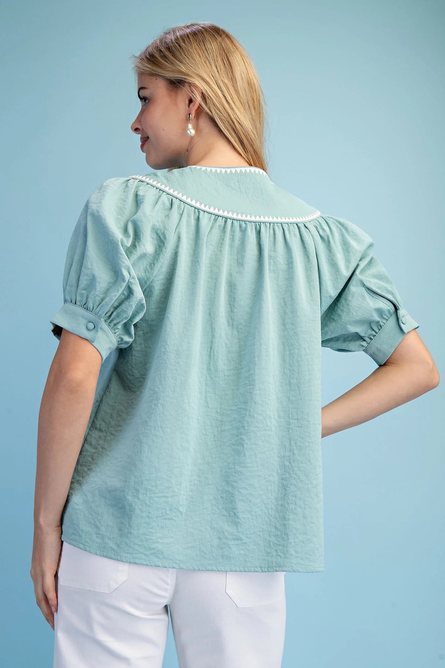 Tie Neck Short Sleeve Top with Embroidered Triangle Details | Mint