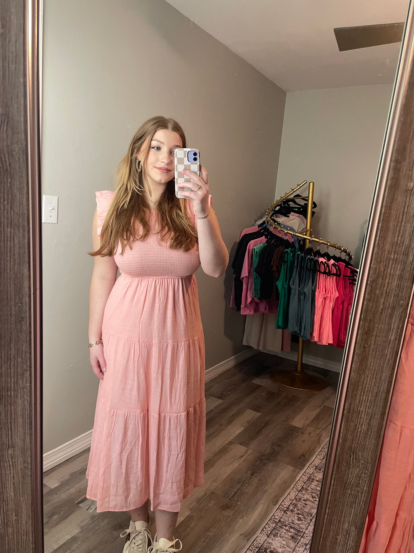 Woven Smocked Ruffle Sleeve Midi Dress Pink