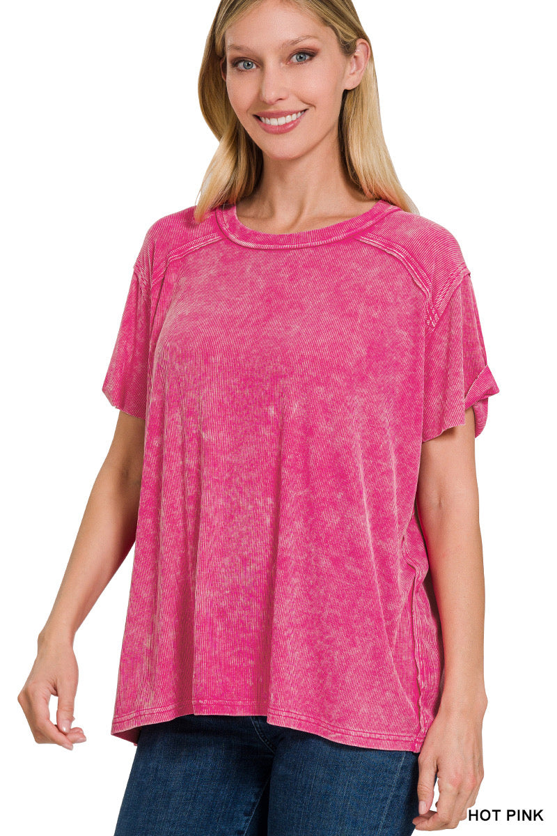 Washed Ribbed Short Sleeve Boat Neck Top Fuchsia