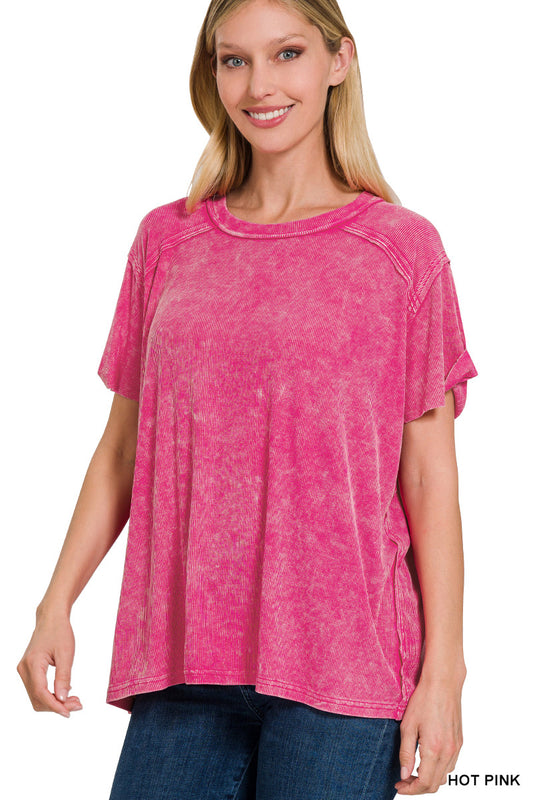 Washed Ribbed Short Sleeve Boat Neck Top Fuchsia