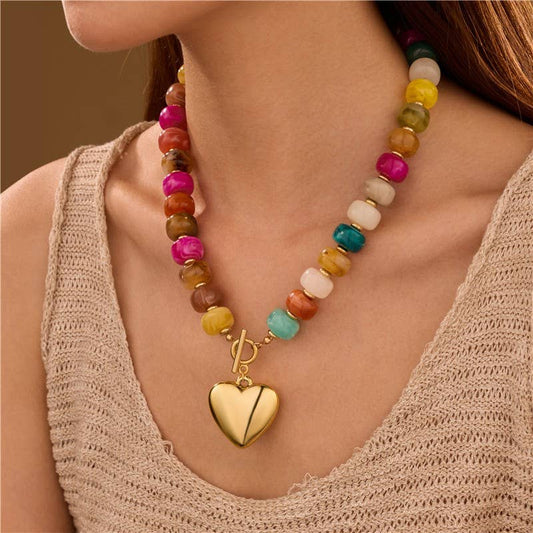 MULTI BEADED HEART CHARM TOGGLE NECKLACE Multi