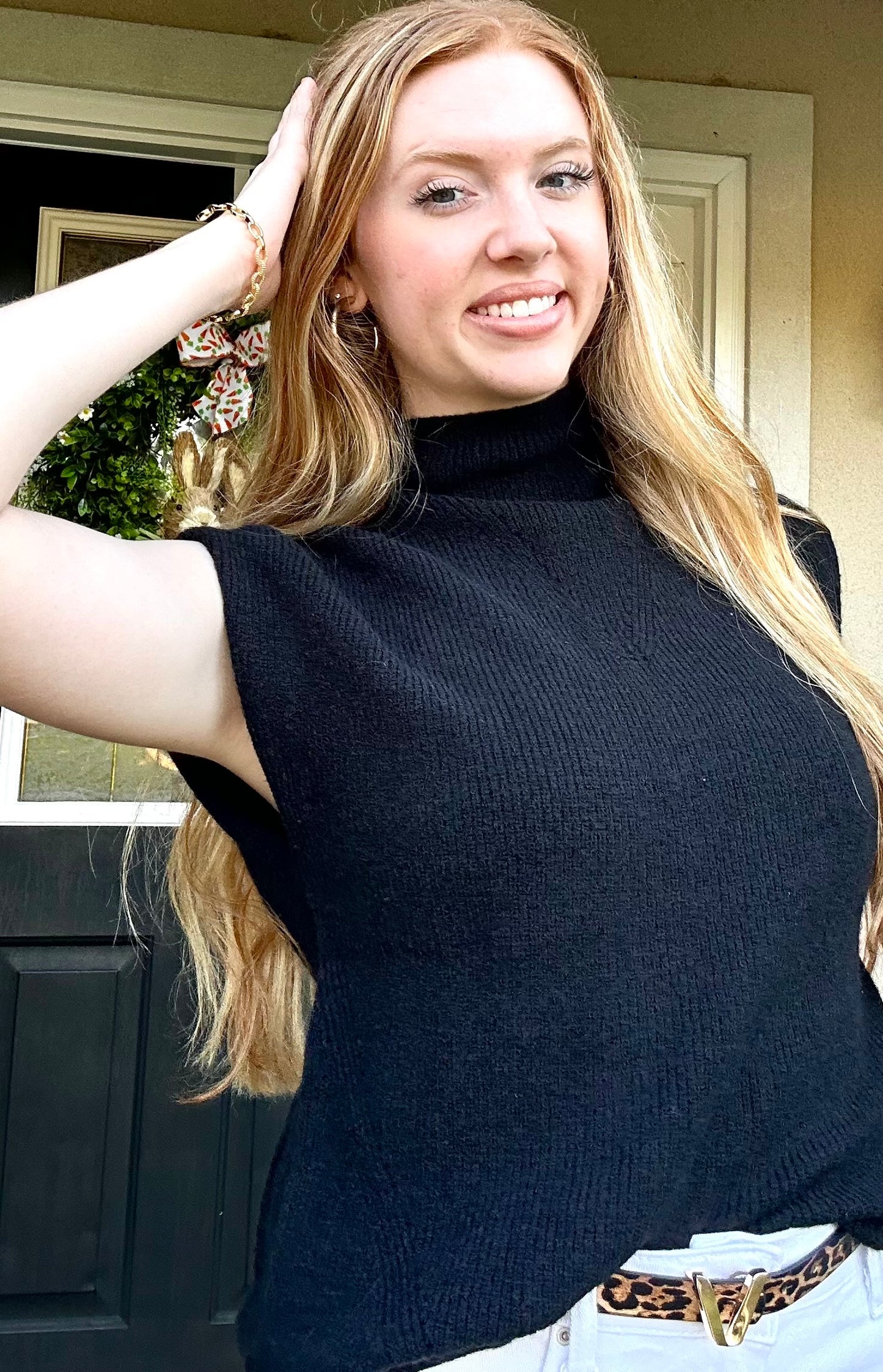 Ribbed Knit Sweater Vest – Mock Neck – Black