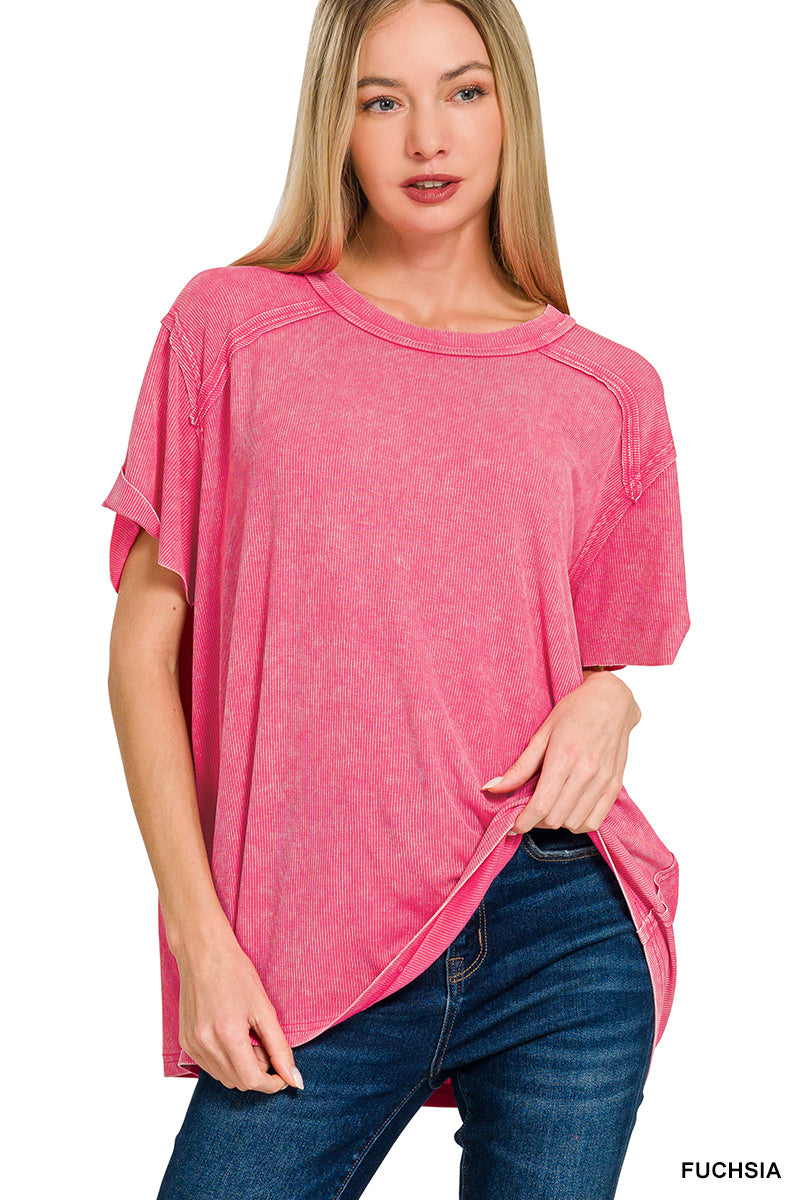 Washed Ribbed Short Sleeve Boat Neck Top Hot Pink