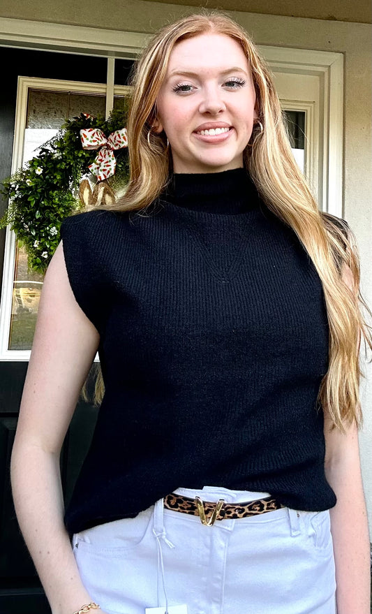 Ribbed Knit Sweater Vest – Mock Neck – Black