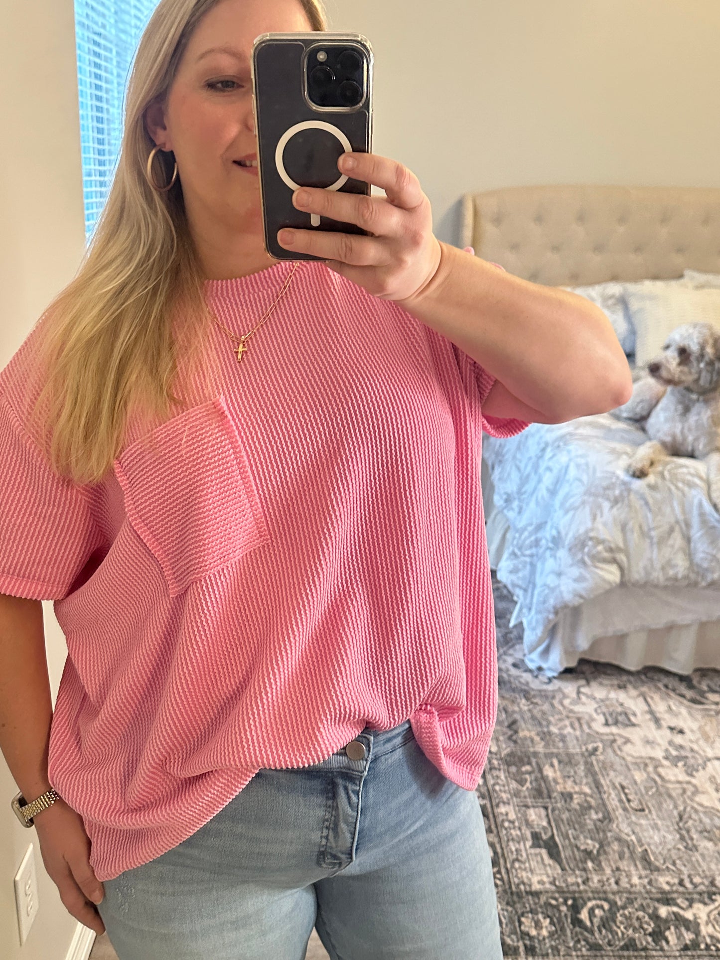Raised Rib Short Sleeve Front Pocket Top Pink Berry