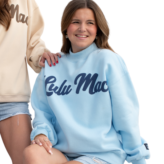 LULU MAC Script Sweatshirt Mock neck design Light Blue/Navy