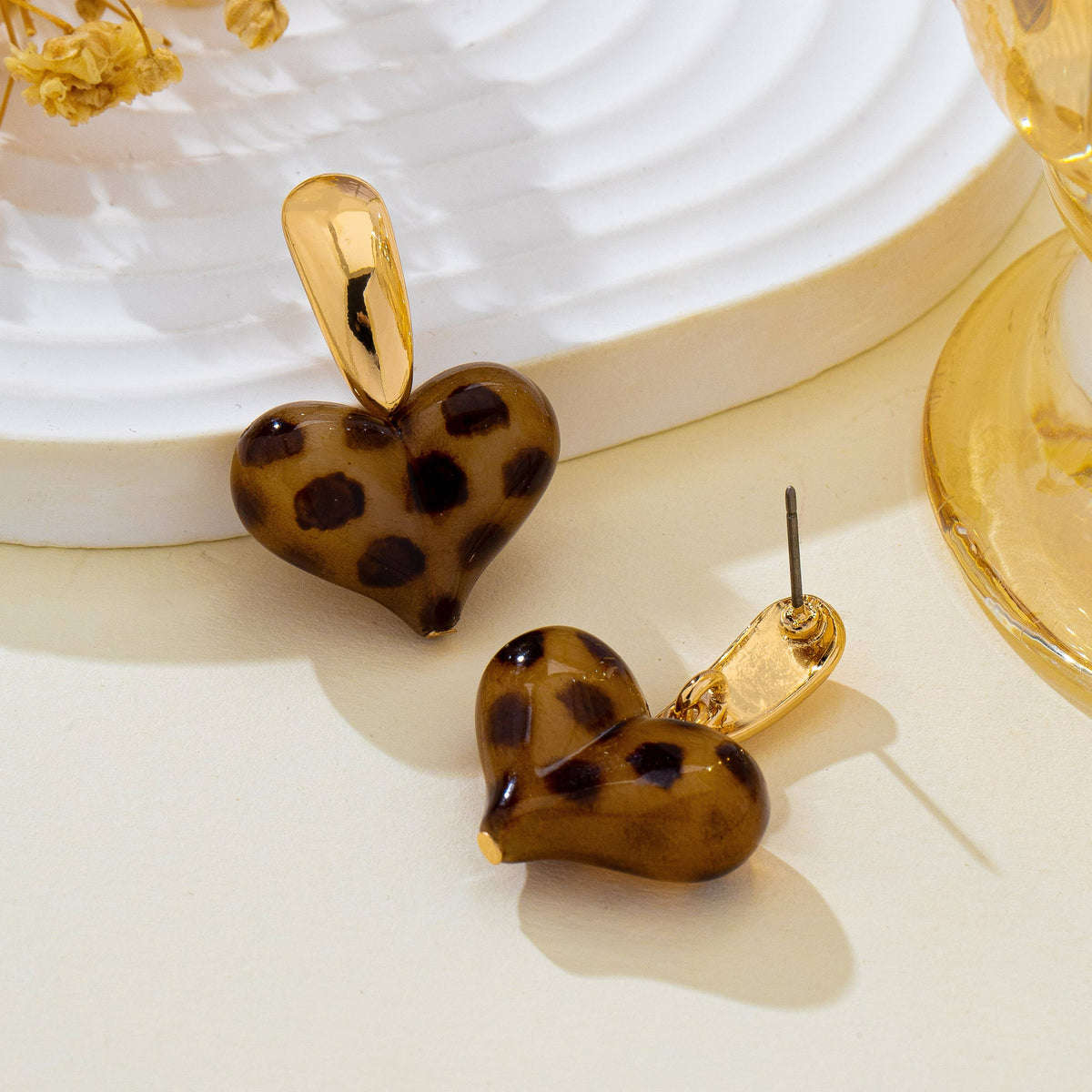 Animal Leopard Resin Heart Drop Earrings | GOLD