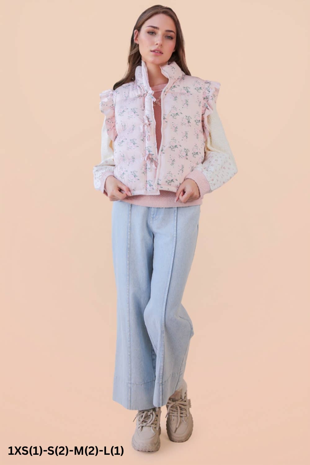 Front Bow Ruffle Sleeve Floral Puffer Vest – Pink Floral