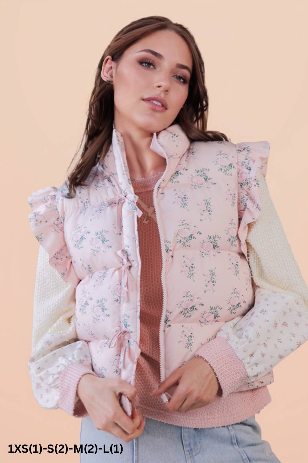 Front Bow Ruffle Sleeve Floral Puffer Vest – Pink Floral