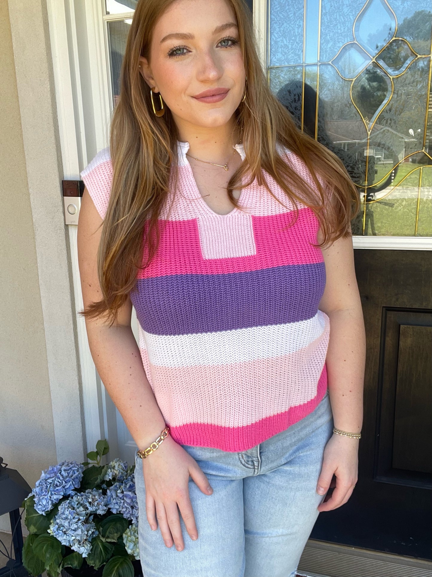 Colorblock Striped Knit Top Casual V Neck Short Sleeve Sweater