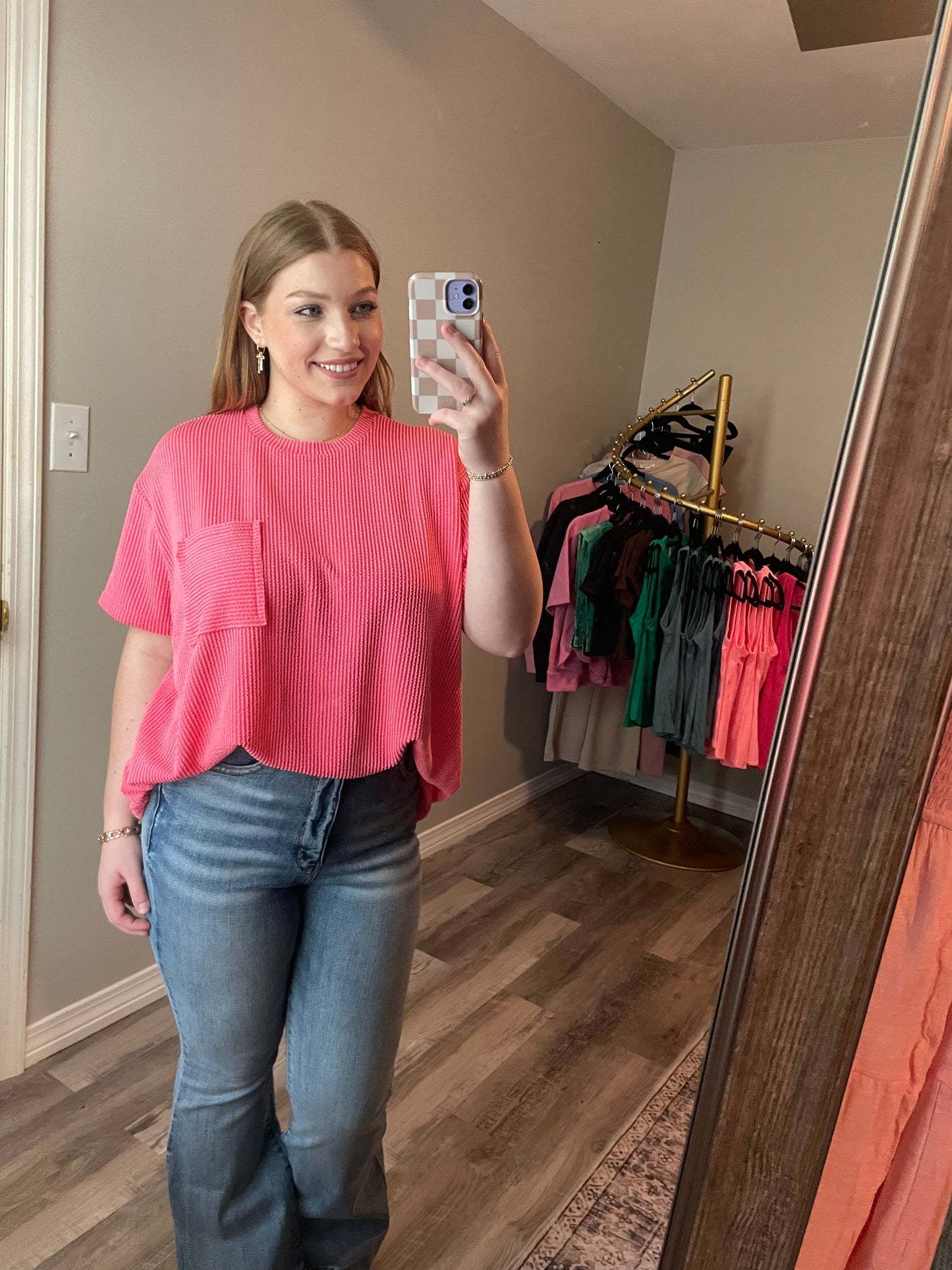 Raised Rib Short Sleeve Front Pocket Top Salmon