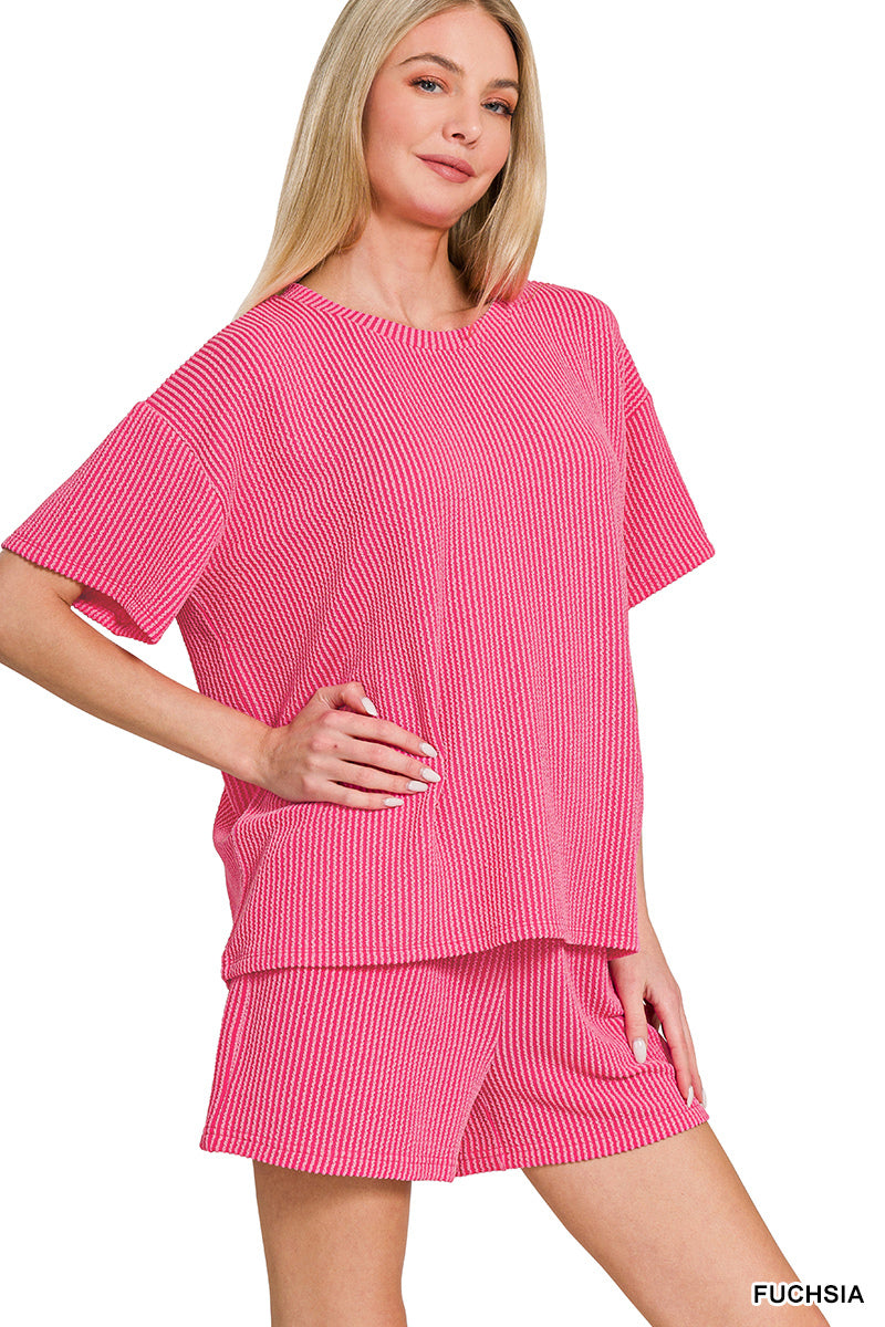 RAISED RIB SHORT SLEEVE TEE & SHORT PANTS SET 	FUCHSIA