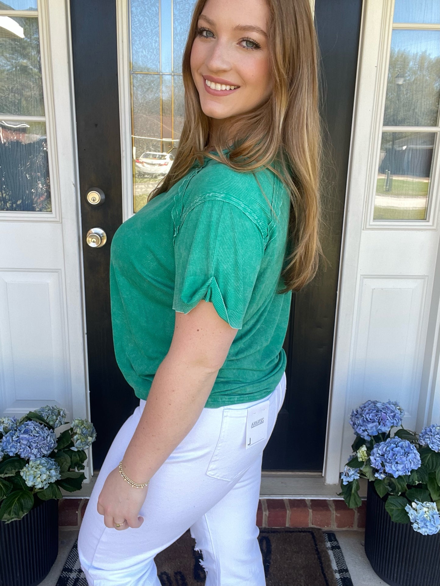 Washed Ribbed Short Sleeve Boat Neck Top Green