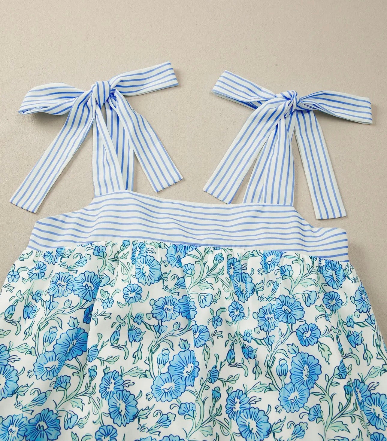 Floral Print Striped Patchwork Bow Knot Straps Dress - WITH POCKETS