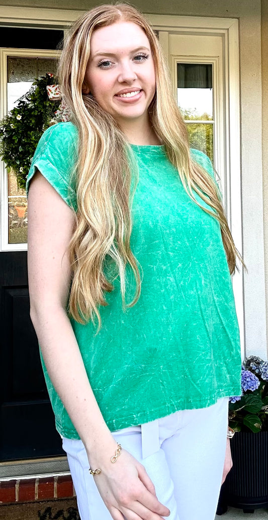 Crinkle Washed Round Neck Folded Short Sleeve Tee Green
