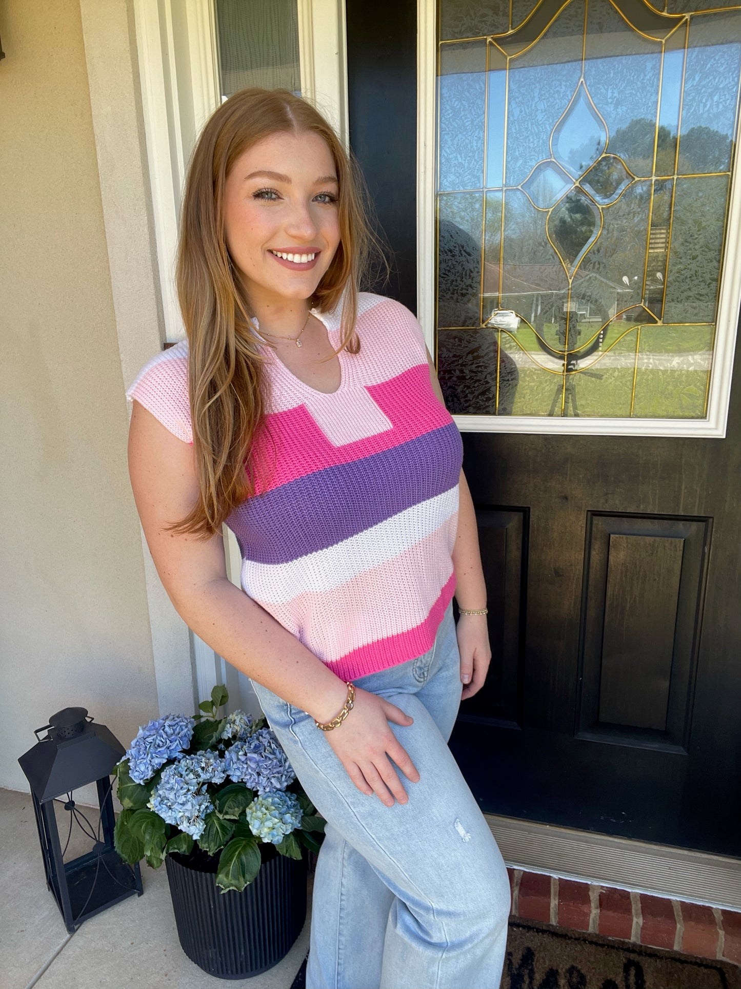 Colorblock Striped Knit Top Casual V Neck Short Sleeve Sweater