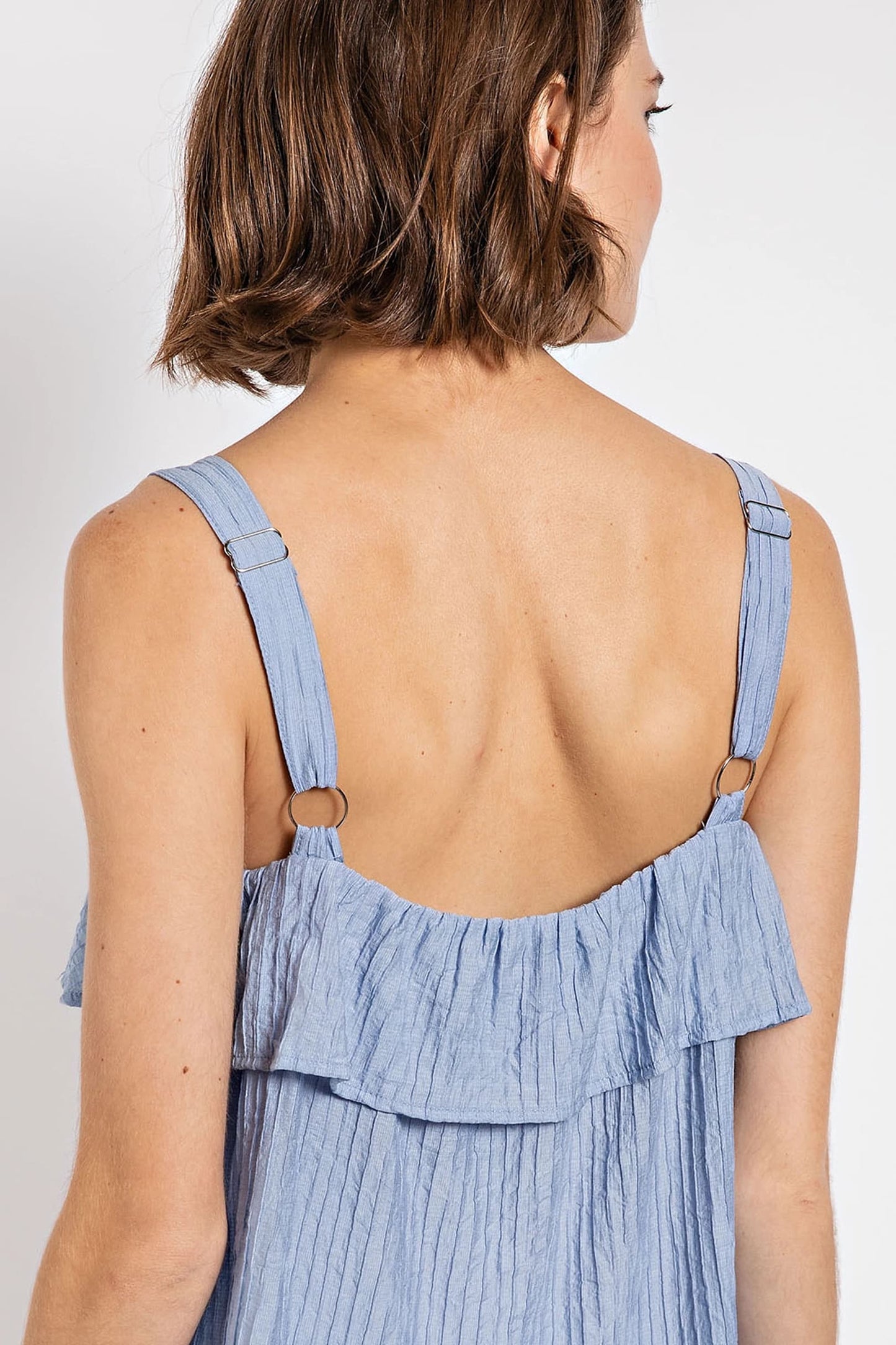 Ruffle Detail Tank Top with Adjustable Strap | Denim Blue