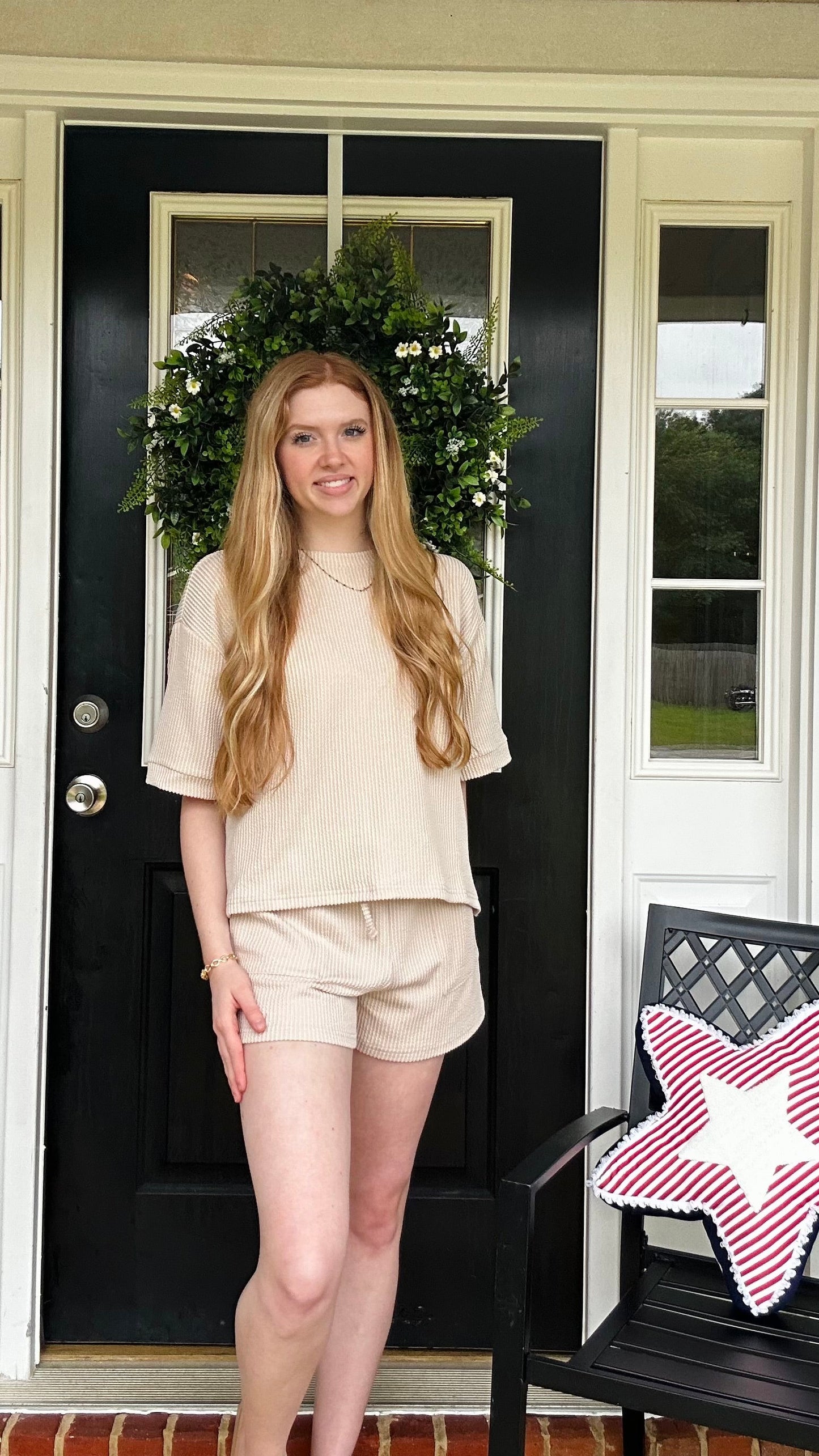 RAISED RIB SHORT SLEEVE TEE & SHORT PANTS SET - SAND BEIGE