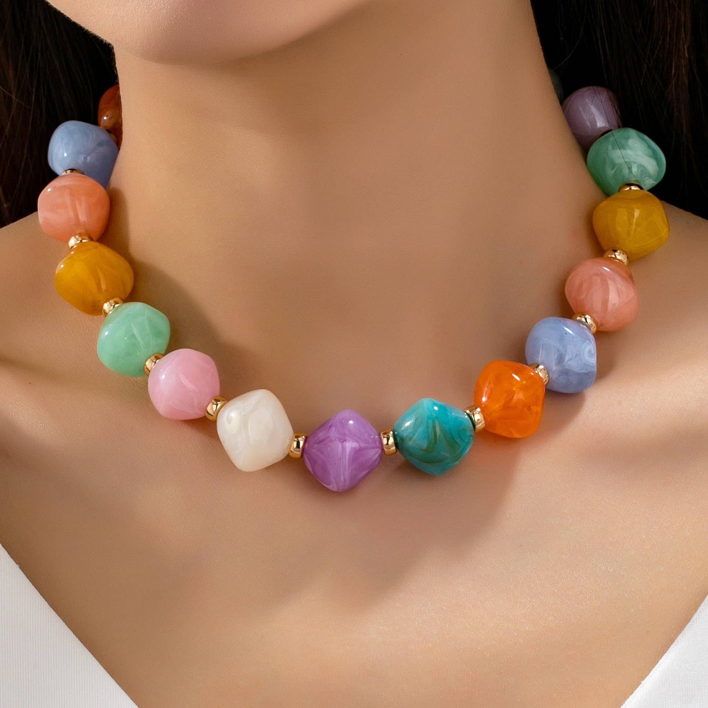 Multicolor Oversized Faceted Pastel Bead Necklace |
