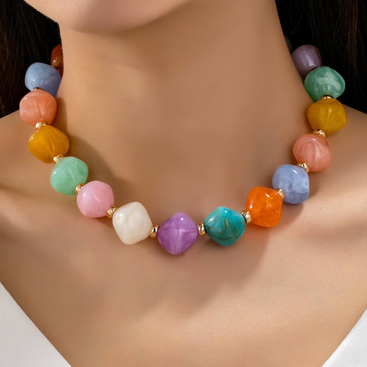 Multicolor Oversized Faceted Pastel Bead Necklace |