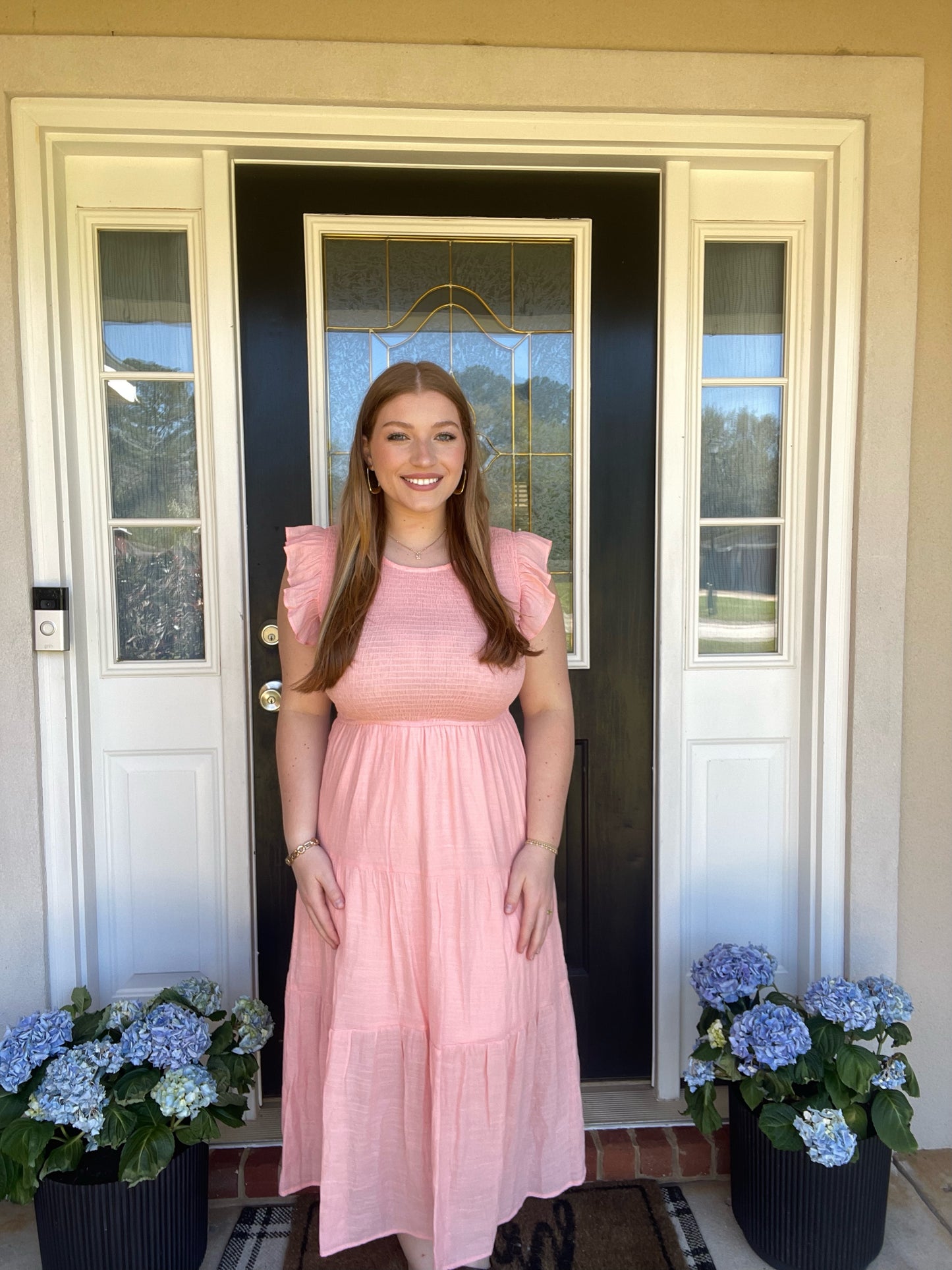 Woven Smocked Ruffle Sleeve Midi Dress Pink