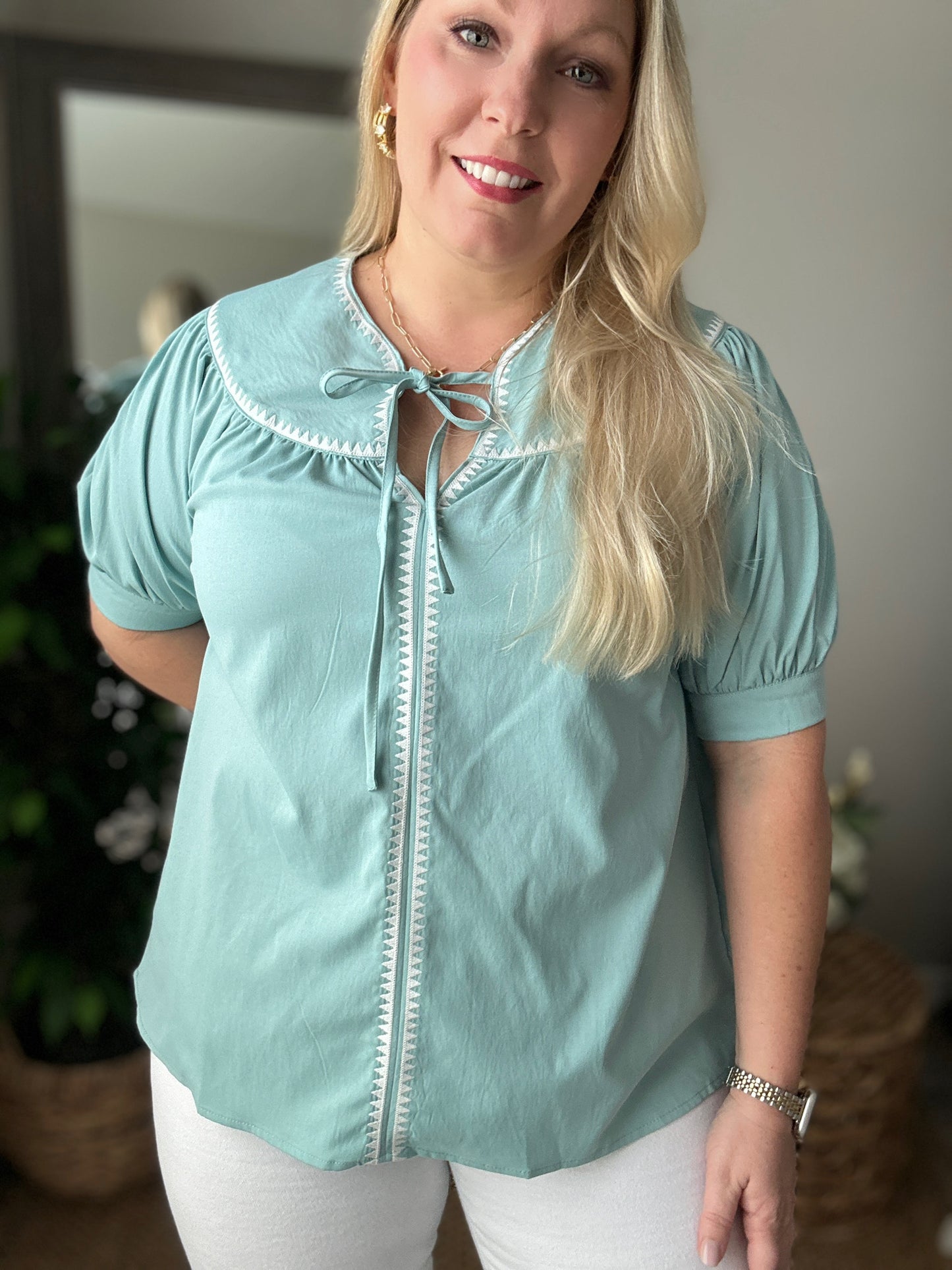 Tie Neck Short Sleeve Top with Embroidered Triangle Details | Mint