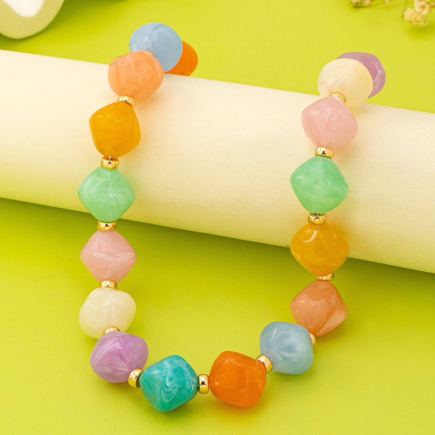 Multicolor Oversized Faceted Pastel Bead Necklace |