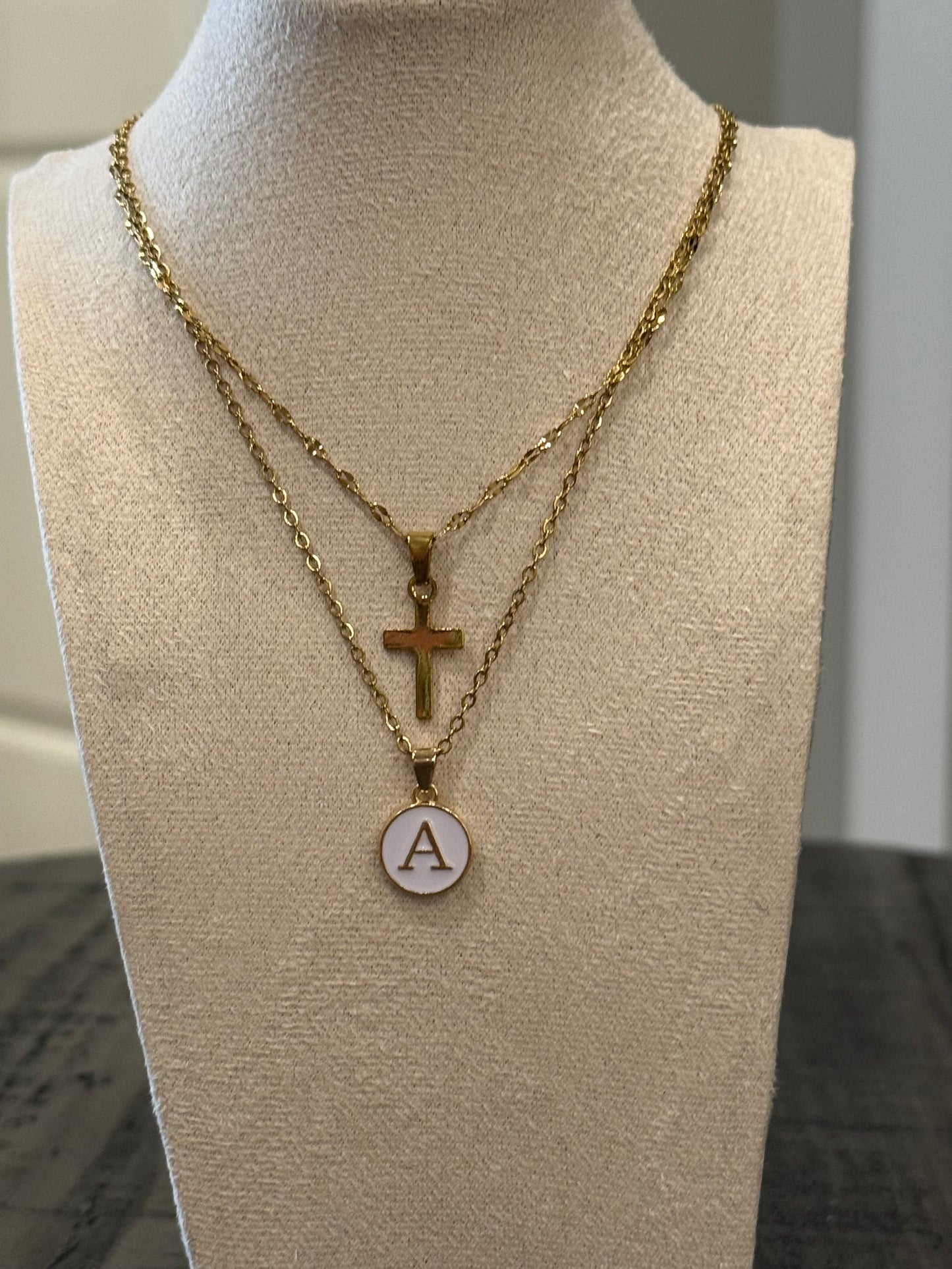 Elegant 18k Golden Plated Stainless Steel Initial Letter and Cross Pendant Necklaces